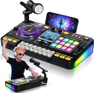 Дитяча інтерактивна музична установка DJ-пульт 8 D 8 A з акумулятором 3.7V, USB-зарядкою, піаніно, мікрофоном на стійці, записом та світлозвуковими ефектами 181346 фото