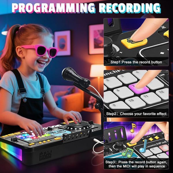 Дитяча інтерактивна музична установка DJ-пульт 8 D 8 A з акумулятором 3.7V, USB-зарядкою, піаніно, мікрофоном на стійці, записом та світлозвуковими ефектами 181346 фото