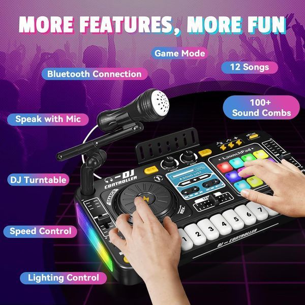 Дитяча інтерактивна музична установка DJ-пульт 8 D 8 A з акумулятором 3.7V, USB-зарядкою, піаніно, мікрофоном на стійці, записом та світлозвуковими ефектами 181346 фото