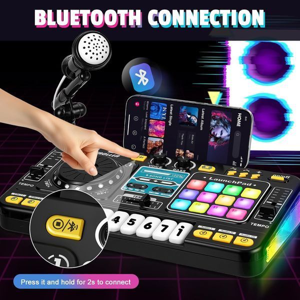 Дитяча інтерактивна музична установка DJ-пульт 8 D 8 A з акумулятором 3.7V, USB-зарядкою, піаніно, мікрофоном на стійці, записом та світлозвуковими ефектами 181346 фото